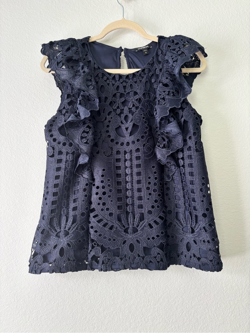 Express Navy Eyelet Ruffle Shell Top